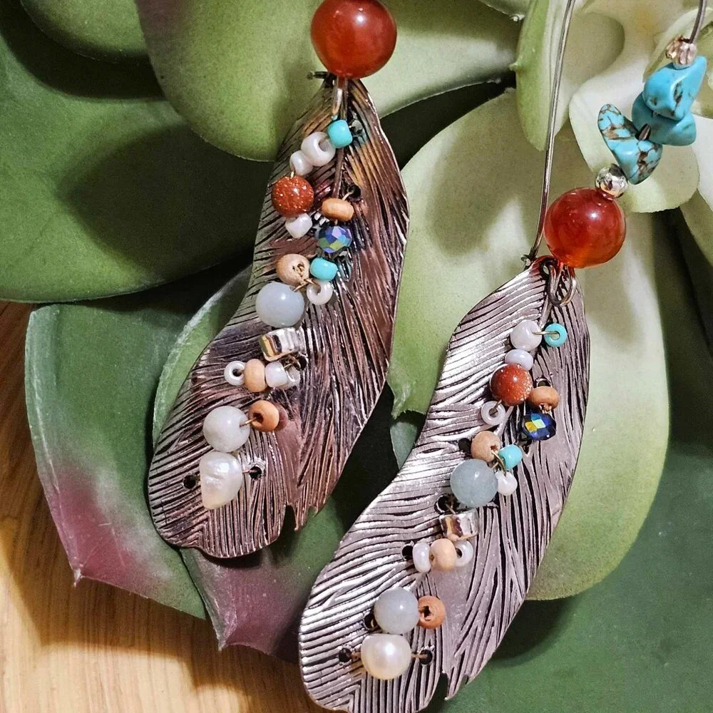 Artisan Earrings Southwestern Silver Feathers Turquoise Carnelian Multi Beaded - Picture 5 of 11